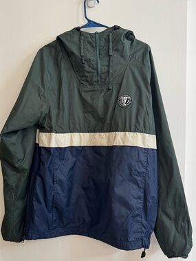 Volcom Men's Colorblock Hooded Water Resistant Windbreaker  - Dark Green/Navy
